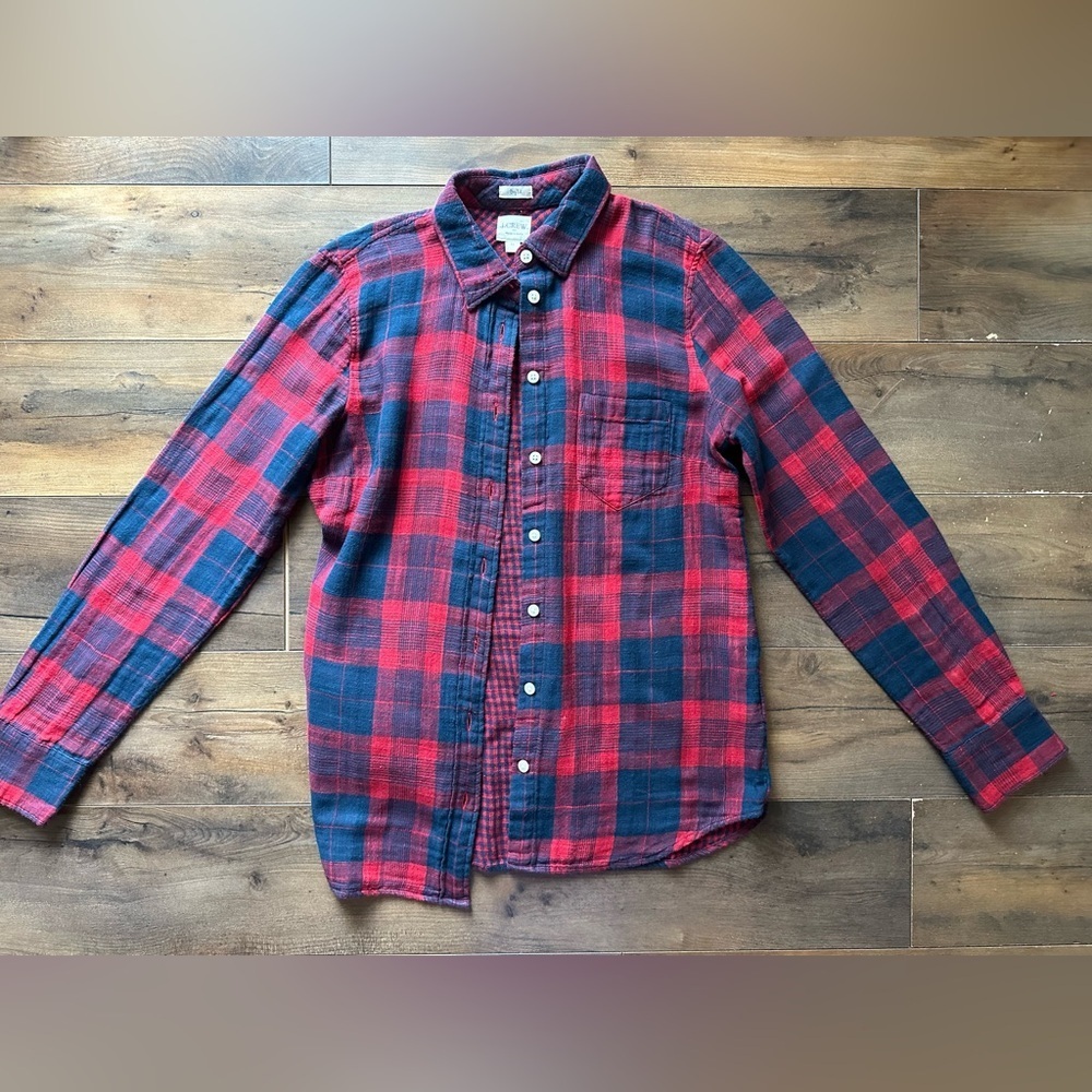 J.Crew Boy Fit Plaid Flannel Shirt Red Blue Buffalo Check Grunge XS